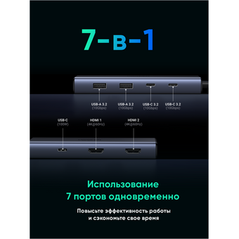  Хаб UGREEN CM498 (45379) 7-in-1 4K 60Hz USB-C to 2*USB-A 3.2+2*USB-C 3.2+2*HDMI+PD Port Converter Gray 