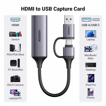 Устройство видеозахвата UGREEN CM716 (25854) HD USB 1080P Video Capture Device серый 