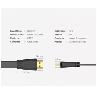  Кабель UGREEN ED015 (50821) HDMI Flat Cable 5m Black 