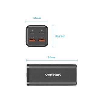  Сетевое зарядное устройство Vention FBSBG-EU на 4 порта GaN 100W USB (C+C+A+A) Чёрный 