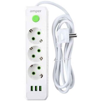  Сетевой удлинитель Amper JH-1031U-4W 4,0м, 3 розетки белый 