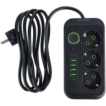  Сетевой удлинитель Amper JH-1074U-4B 4,0м, 3 розетки черный 