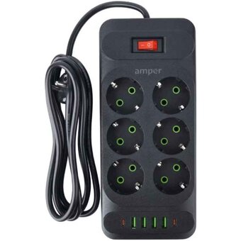  Сетевой удлинитель Amper JH-1076U-4B 4,0м, 6 розеток черный 