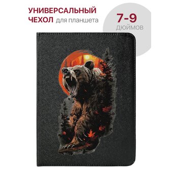  Чехол на планшет KENSHI H38 Lte, E38, H38 Lte, Pad Lite E48 Lte, Pad Lite E58 Lte, DEXP Ursus K28 Lte, Digma Q8 Lte, BlackView Tab 60 Lte (диагональ 7.0" до 9.0")(размер 17см*23см) универсальный, черный, крепление резинка с принтом МЕДВЕДЬ СОЛНЦЕ 