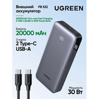  Внешний аккумулятор UGREEN PB532 (55989B) 20000mAh Two-way Fast Charging 2*USB-C&USB-A 30W Power Bank серый космос 