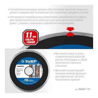  Диск отрезной Зубр 36663-115 d-115мм dпосад-222мм угловые шлифмашины 