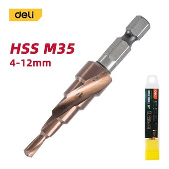  Сверло ступенчатое по металлу Deli DH-JTZ012-E3 4-12мм, HSS M35, спиральная канавка, шестигранный хвостовик 