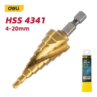  Сверло ступенчатое по металлу Deli DH-JTZ020-E1 4-20мм, HSS 4341 спиральная канавка, шестигранный хвостовик 