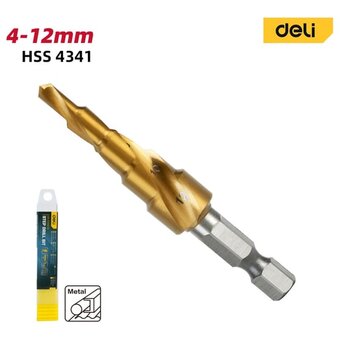  Сверло ступенчатое по металлу Deli DH-JTZ012-E1 4-12мм, HSS 4341 спиральная канавка, шестигранный хвостовик 