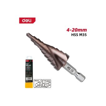  Сверло ступенчатое по металлу Deli DH-JTZ020-E3 4-20мм, HSS M35, спиральная канавка, шестигранный хвостовик 