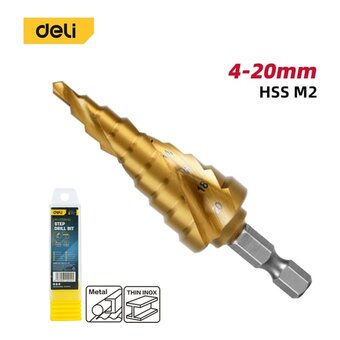  Сверло ступенчатое по металлу Deli DH-JTZ020-E2 4-20мм, HSS M2, спиральная канавка, шестигранный хвостовик 