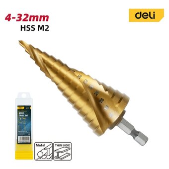  Сверло ступенчатое по металлу Deli DH-JTZ032-E2 4-32мм, HSS M2, спиральная канавка, шестигранный хвостовик 