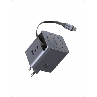  Сетевое зарядное устройство UGREEN X616 (65828) 100W GaN Fast Charger 2*USB-C USB-A with Retractable Cable USB-C серый космос 