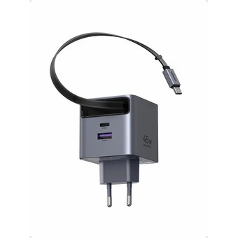  Сетевое зарядное устройство UGREEN X614 (65822) 45W GaN Fast Charger USB-C USB-A with Retractable Cable USB-C серый космос 