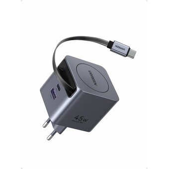  Сетевое зарядное устройство UGREEN X614 (65822) 45W GaN Fast Charger USB-C USB-A with Retractable Cable USB-C серый космос 