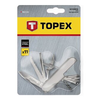  Нож перочинный TOPEX 98Z116 11 лезвий, стальные накладки, нержавеющая сталь, нержавеющее лезвия 