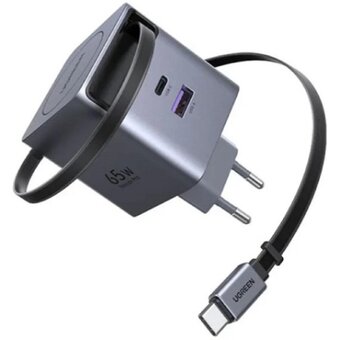  Сетевое зарядное устройство UGREEN X615 (65825) 65W GaN Fast Charger USB-C USB-A with Retractable Cable USB-C серый космос 