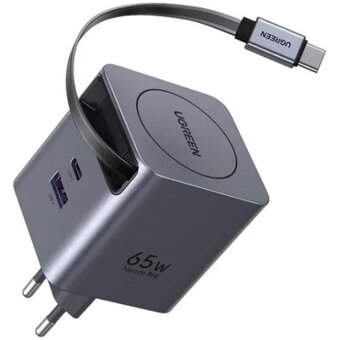  Сетевое зарядное устройство UGREEN X615 (65825) 65W GaN Fast Charger USB-C USB-A with Retractable Cable USB-C серый космос 