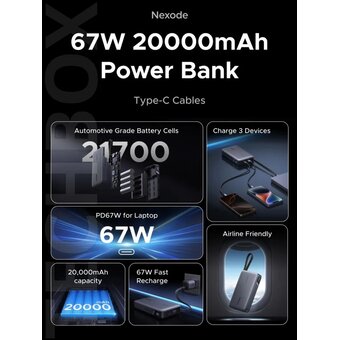  Power Bank UGREEN PB550 (55996B) 67W 20000 mAh USB-C&USB-A&USB-C Cable Built-in Cable Space Gray 