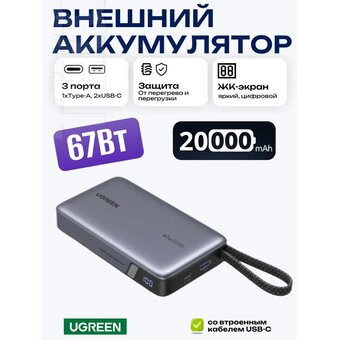  Power Bank UGREEN PB550 (55996B) 67W 20000 mAh USB-C&USB-A&USB-C Cable Built-in Cable Space Gray 