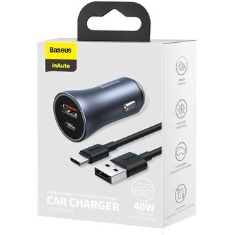 АЗУ Baseus TZCCJD-0G Golden Contactor Pro Dual Quick Charger Car Charger U+C 40W（With Baseus Simple wiring USB For Type-C 5A 1.0m）Dark Gray 