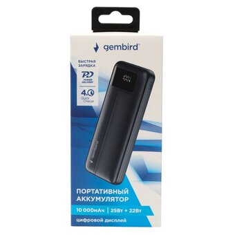  Портативный аккумулятор Gembird GPB-10Q 10000мАч, QC/PD, дисплей, черный 