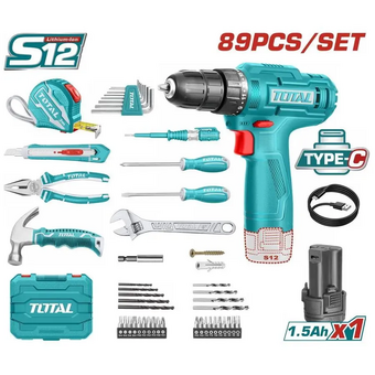  Дрель-шуруповерт Total THKTHP10892 с 1-м АКБ, кейс, набор оснастки 