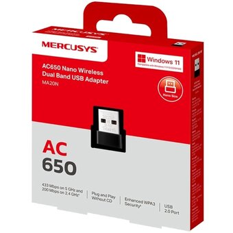  Сверхкомпактный двухдиапазонный USB-адаптер Wi-Fi Mercusys MA20N AC650 