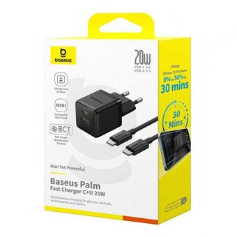  СЗУ BASEUS P10111608113-01 Palm Fast Charger C+U 20W EU With Baseus Mini White Cable USB-C to USB-C 60W (20v/3A) 1m Cluster Black 
