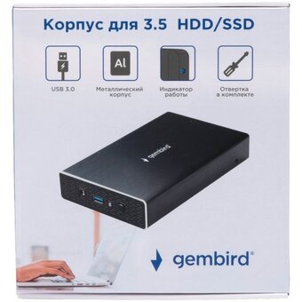  Внешний корпус Gembird EE3-U3S-1 USB 3.0 для 3.5" HDD/SSD Gembird, порт Type-A, SATA III, металл, чёрный 