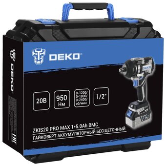  Гайковерт аккумуляторный DEKO ZKIS20 Pro Max 083-1089, 20В, 1*5.0Ач, 950Нм, в кейсе 
