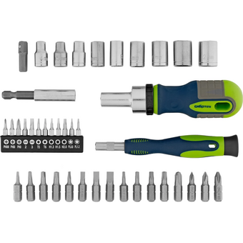  Набор отверток реверсивных СИБРТЕХ 13338 с набором бит и торцевыми головками, 41 шт 
