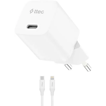  Сетевое зарядное устройство TTEC 2SCG20LB SmartCharger GAN 20W USB-C PD Travel Fast Charger с кабелем USB-C-Lightning, длина кабеля 150см белый 