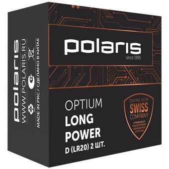  Щелочной элемент питания POLARIS PB LR20 (D) (2шт) Optium черный 