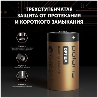  Щелочной элемент питания POLARIS PB LR20 (D) (2шт) Optium черный 