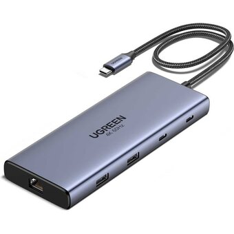  Конвертер UGREEN CM639 (45380) 10-in-1 4K 60Hz USB-C to USB-A 3.2+USB-A 3.0+2*USB-C 3.2+2*HDMI+RJ45 Gigabit+SD&TF +PD port Converter серый 