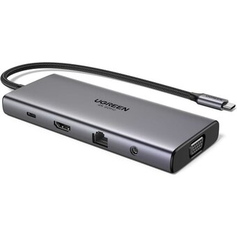 Конвертер UGREEN CM639 (45520) 11-in-1 4K 60Hz 2xUSB-C 3.2+USB-A 3.2+USB-A 3.0+HDMI+VGA+RJ45 Gigabit+SD/TF+AUX3.5mm+PD Converter серый 