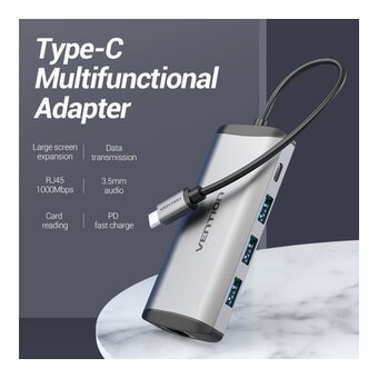  Мультифункциональный хаб Vention THAHB USB Type C 9 в 1 Type-C M/HDMI F+USB 3.0+TF F+SD F+RJ45+mini jack 3.5 mm F 