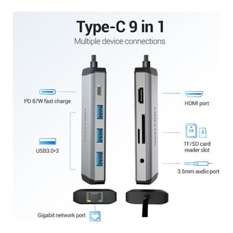  Мультифункциональный хаб Vention THAHB USB Type C 9 в 1 Type-C M/HDMI F+USB 3.0+TF F+SD F+RJ45+mini jack 3.5 mm F 