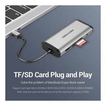  Мультифункциональный хаб Vention THAHB USB Type C 9 в 1 Type-C M/HDMI F+USB 3.0+TF F+SD F+RJ45+mini jack 3.5 mm F 