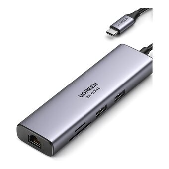  Конвертер UGREEN CM512 (90568) USB-C to 2*USB3.0+HDMI+RJ45+SD TF +PD Port Converter серый 