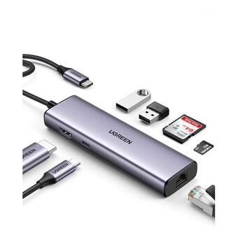  Конвертер UGREEN CM512 (90568) USB-C to 2*USB3.0+HDMI+RJ45+SD TF +PD Port Converter серый 