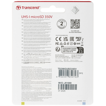  Карта памяти Transcend 256GB microSD TS256GUSD350V w/adapter U1, High Endurance R95/W45 MB/s 