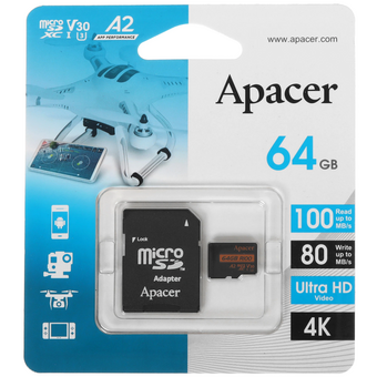  Карта памяти Apacer AP64GMCSX10U8-R microSDXC 64GB с адаптером 