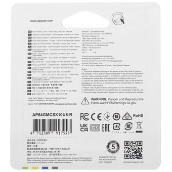  Карта памяти Apacer AP64GMCSX10U8-R microSDXC 64GB с адаптером 