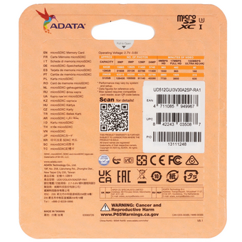  Карта памяти A-DATA UD512GUI3V30A2SP-RA1 microSD 512GB Speed Plus microSDXC Class 10 UHS-I U3 V30S A2 180/160 MB/s (SD адаптер) 
