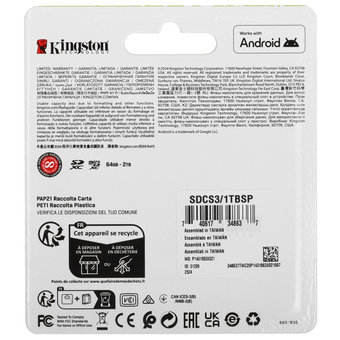  Карта памяти Kingston SDCS3/1TBSP microSDXC 1TB Canvas Select Plus w/o adapter 