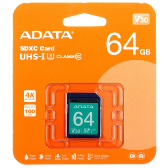  Карта памяти A-DATA ASDX64GUI3V30S-R SD 64GB Premier Pro SDXC Class 10 UHS-I U3 V30S 95/60 MB/s 