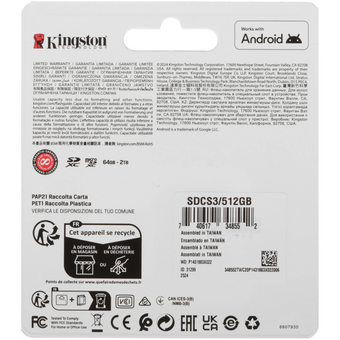  Карта памяти Kingston Canvas Select Plus SDCS3/512GB microSDXC 512GB V30 A1 + adapter 