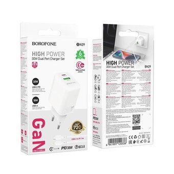  СЗУ BOROFONE BN29 Fuente PD30W+QC3.0 charger set C to C белый 